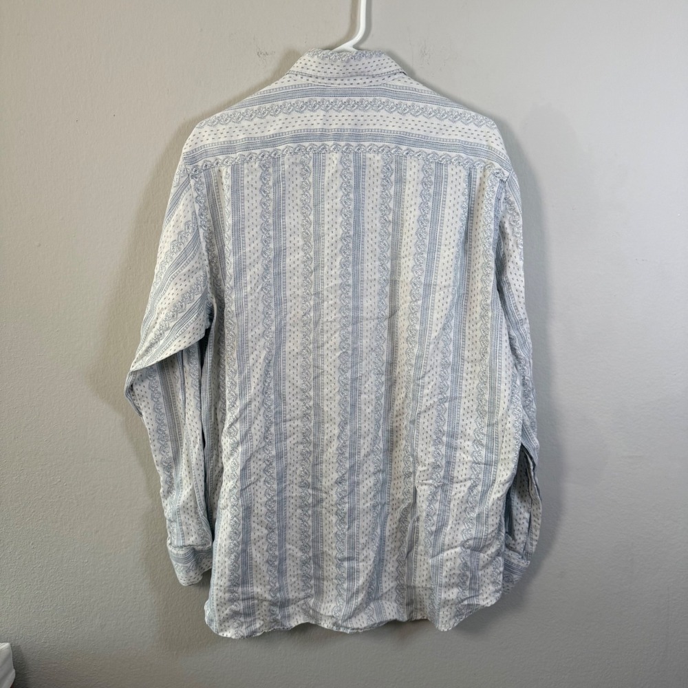 Lucky Brand Mens Large 100% Linen Blue White Paisley Striped Button Down Shirt - Picture 3 of 5